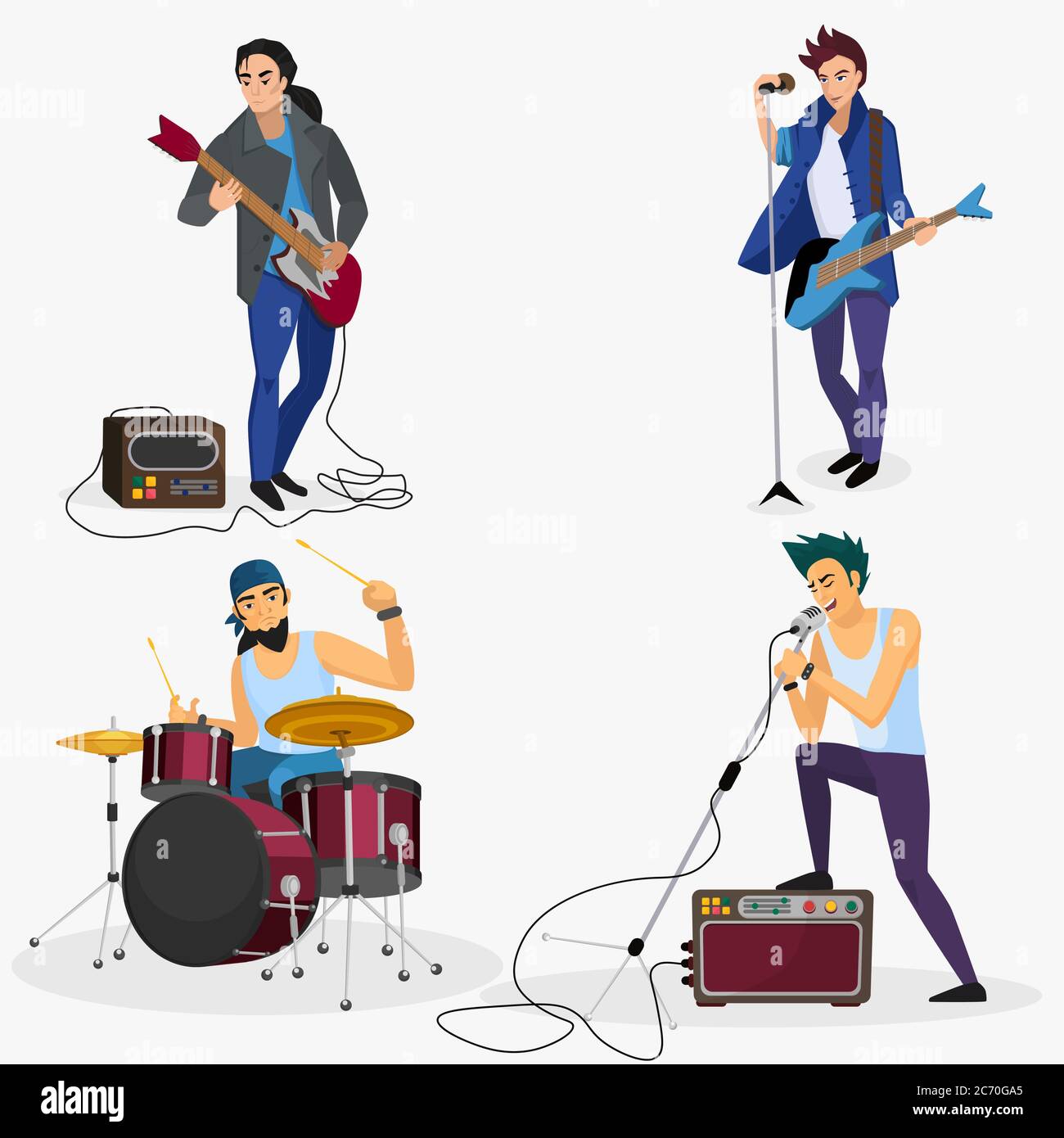Rockband-Mitglieder isoliert. Musikgruppe Sänger, Schlagzeuger, Gitarrist Cartoon Vektor Illustration Stock Vektor