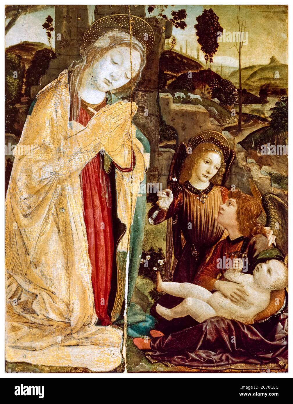 Leonardo Da Vinci, Madonna und zwei Engel, die das Christkind anbeten, Gemälde, 1473-1478 Stockfoto