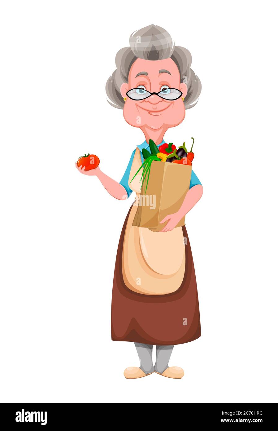 Alles gute zum Großeltern Tag. Kind Oma Holding-Tasche mit Gemüse. Nette alte Frau. Fröhliche Großmutter Cartoon-Charakter. Vektordarstellung isoliert Stock Vektor