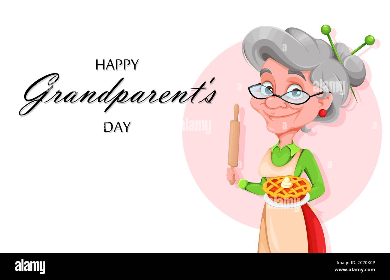 Glückwünsche Großeltern Tag Grußkarte. Nette lächelnde alte Frau. Fröhliche Großmutter Cartoon-Charakter. Vektorgrafik Stock Vektor