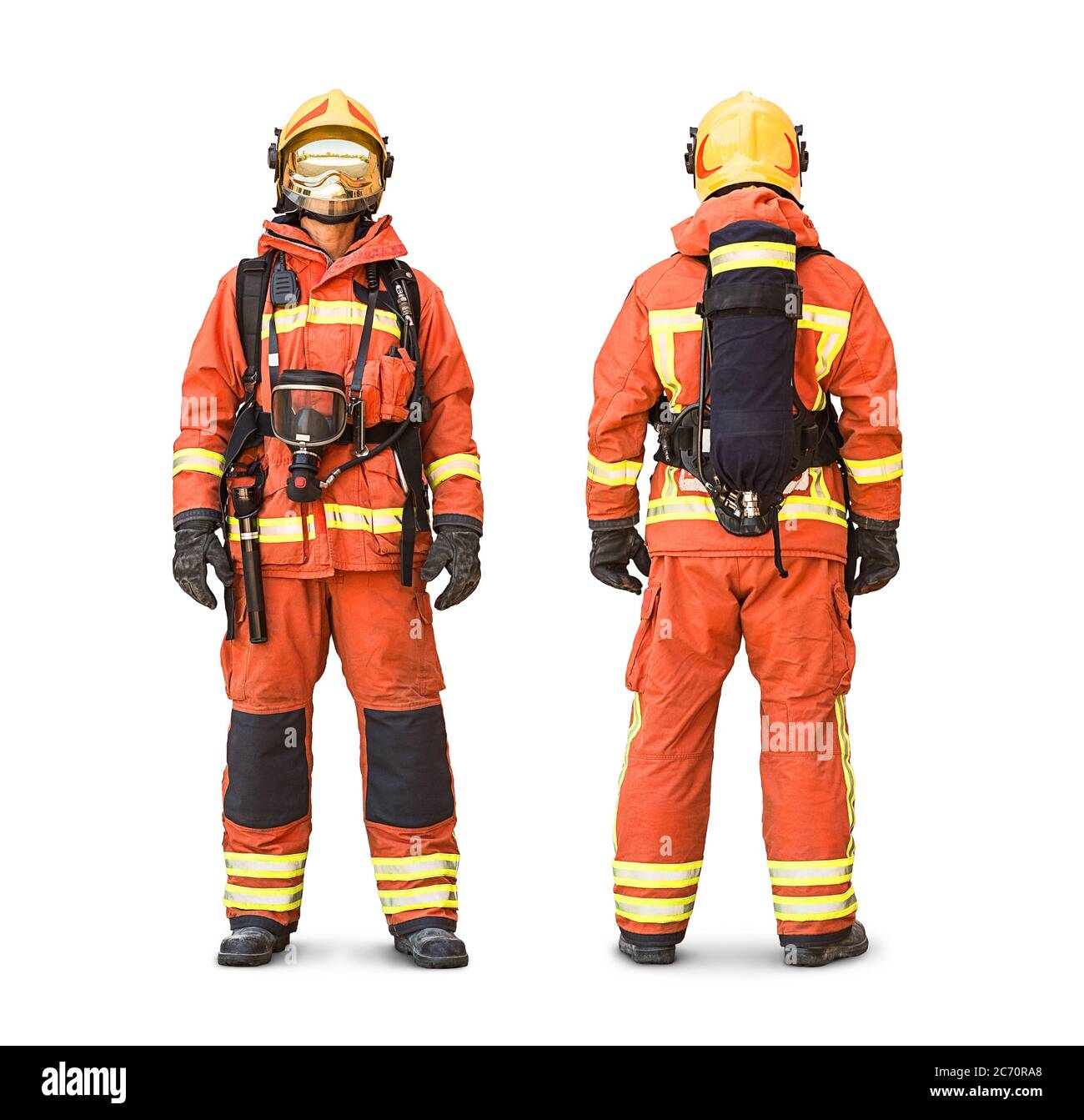 Stock Foto von einem isolierten Feuerwehrmann zeigt volle Ausrüstung und Kleidung in einer Vorder-und Rückansicht Stockfoto