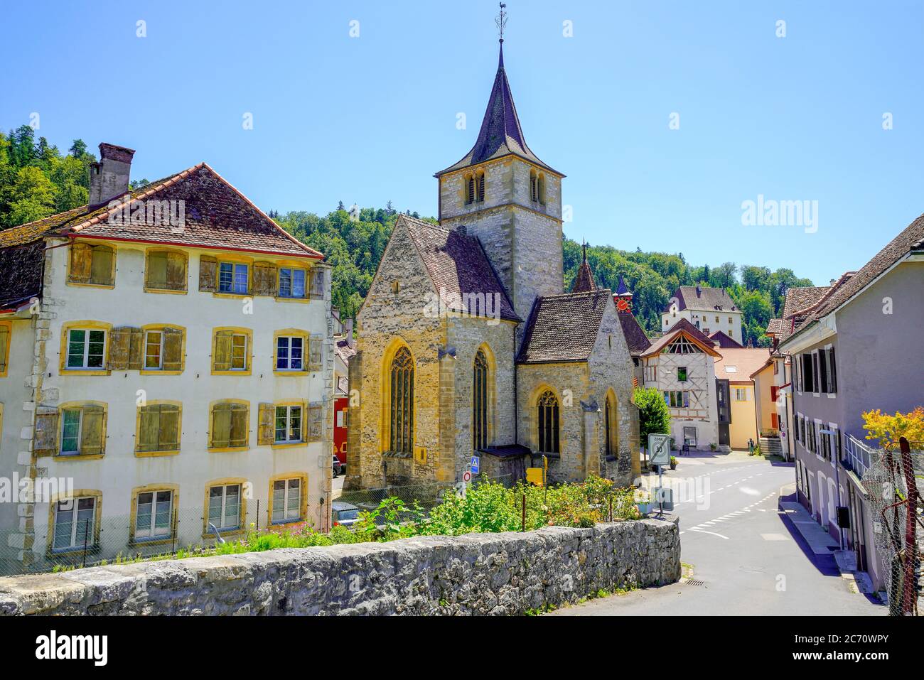 Collégiale St-Pierre in Valangin Village, Kanton Neuchatel, Schweiz. Stockfoto
