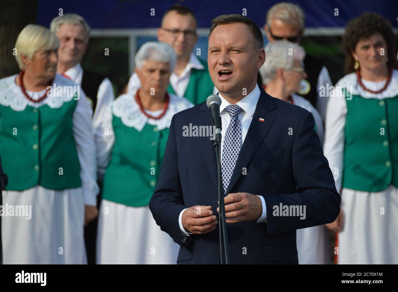 Amtshaber Andrzej Duda hat nach Auszahlung der Stimmen die Stichwahl gegen Rafal Trzaskowski gewonnen am 13.7.2020 im Bild bei einem Besuch in Zgorz Stockfoto
