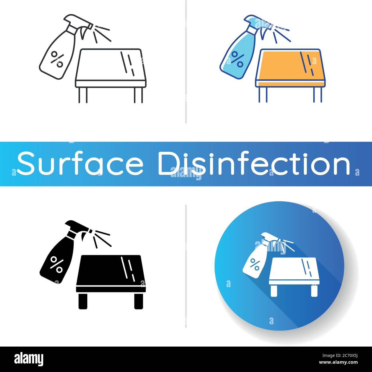 Symbol für die Reinigung der Tischplatte. Lineare Schwarz- und RGB-Farbstile. Möbeldesinfektion, Oberflächenreinigung. Hausarbeit. Tisch- und Desinfektionsmittel-Spray bo Stock-Vektorgrafik