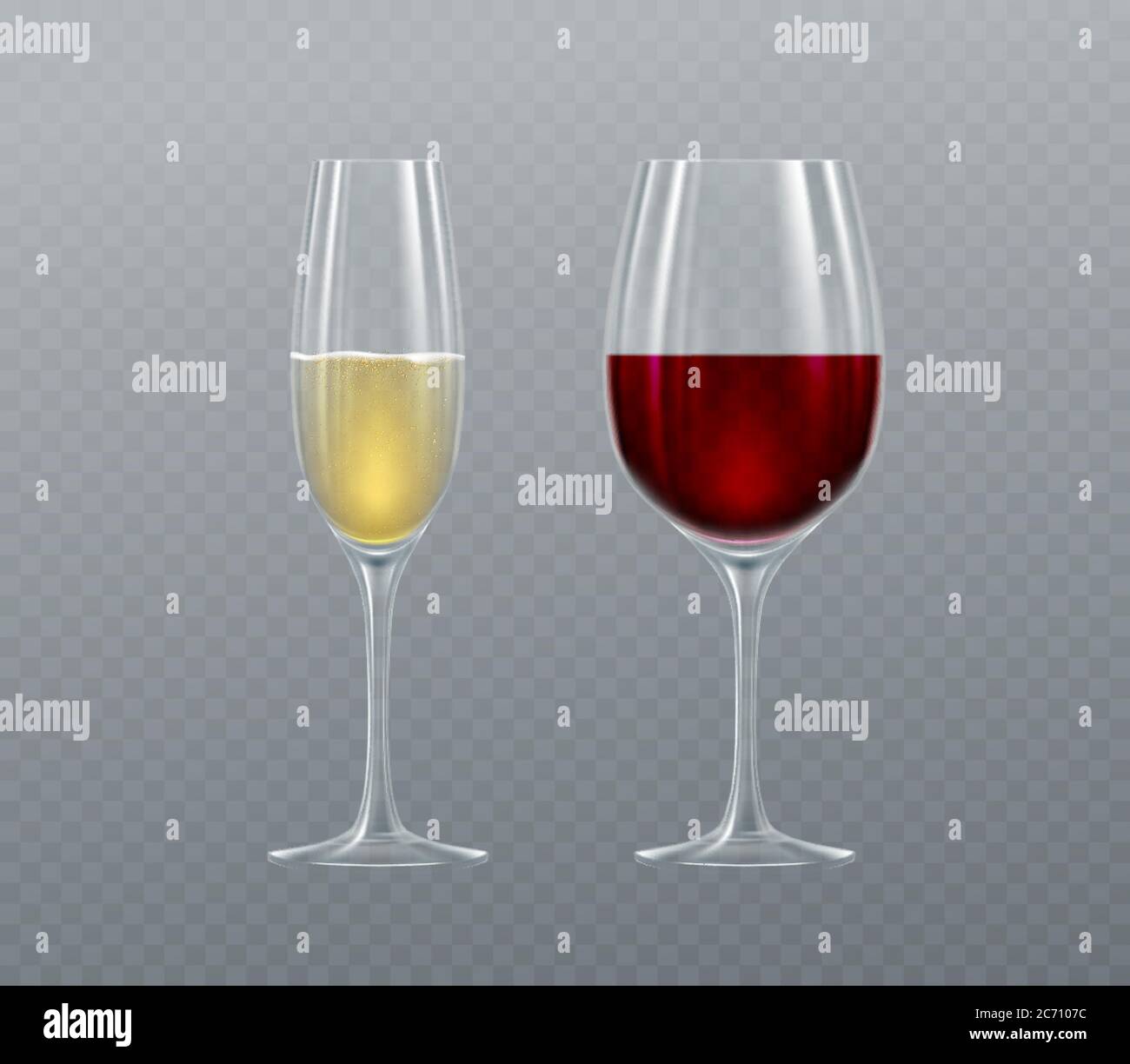 Realistische Gläser Champagner und Wein isoliert auf einem transparenten Hintergrund. Vektorgrafik Stock Vektor