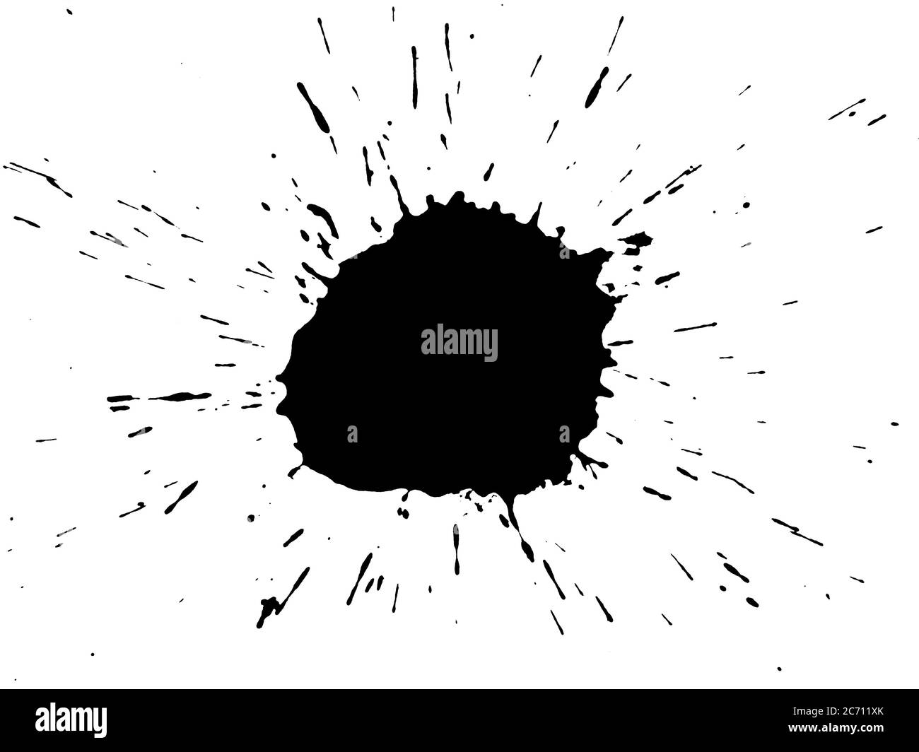 Schwarze Tintenspritzer auf und isoliert auf einem weißen Hintergrund Stockfoto