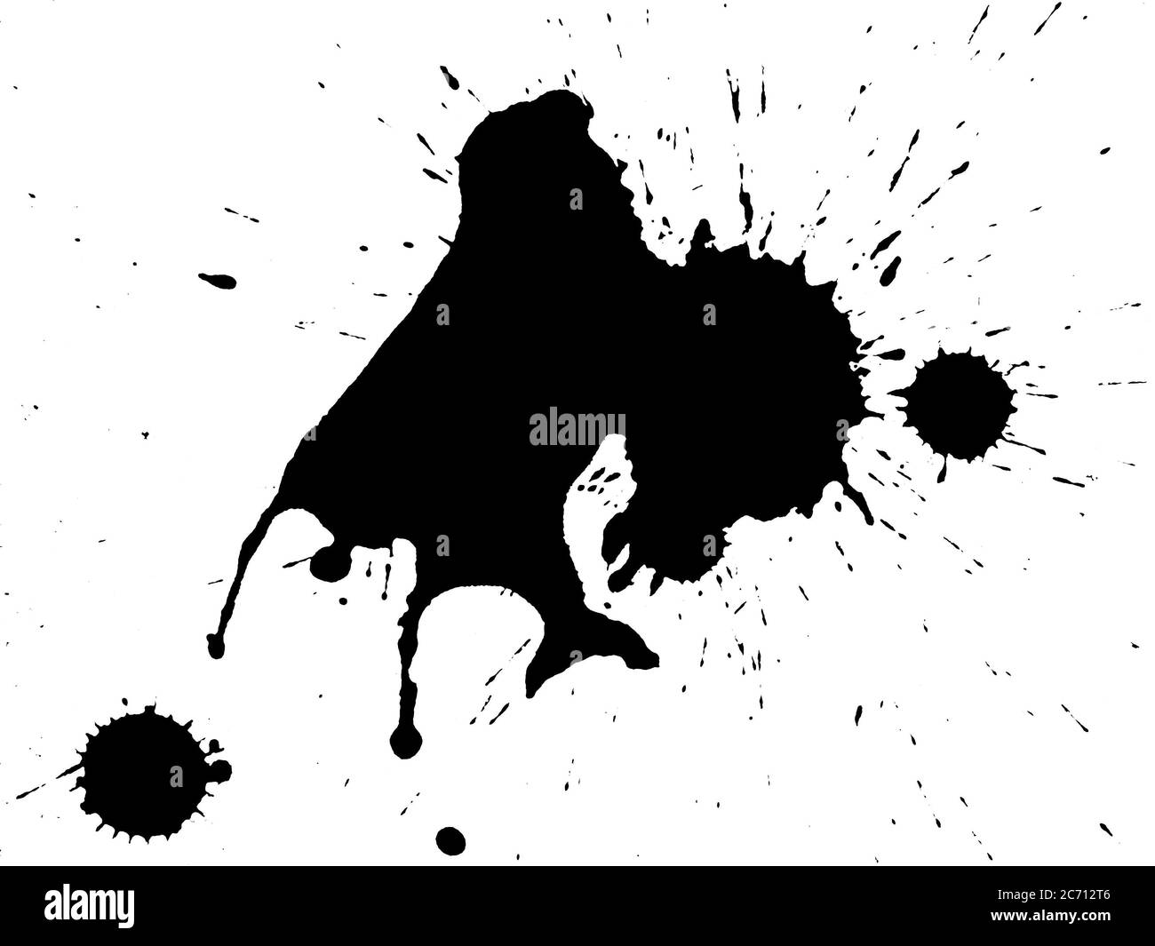 Schwarze Tintenspritzer auf und isoliert auf einem weißen Hintergrund Stockfoto