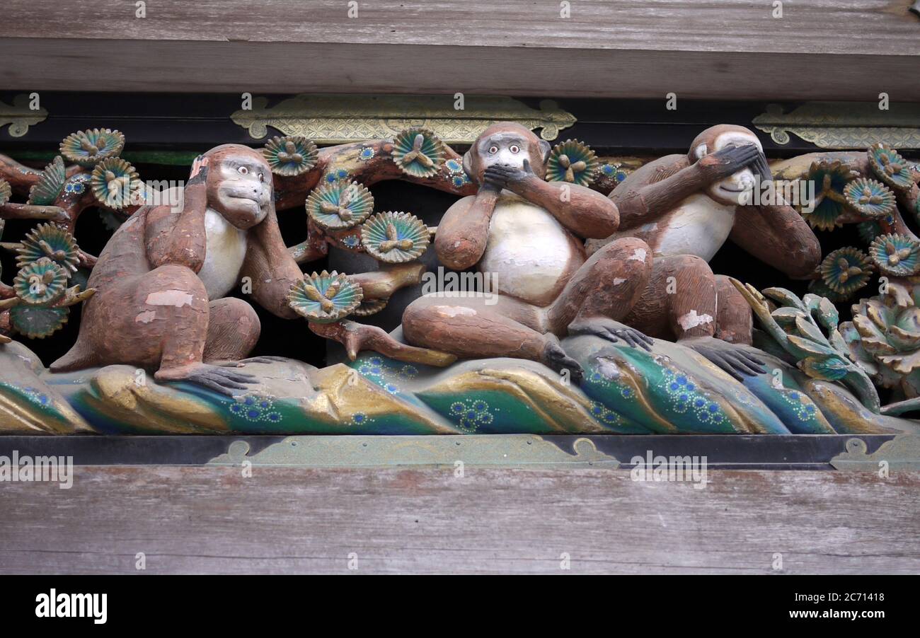 Japan, Tochigi, Nikko, Toshosho-gu Schrein drei weisen Affen Stockfoto