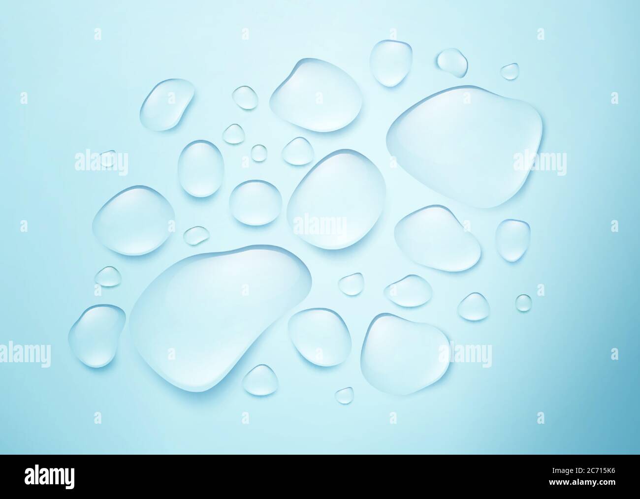 Realistische Tropfen reinen Wassers auf blauem Hintergrund. Die wirkliche Wirkung der Transparenz. Vektorgrafik Stock Vektor