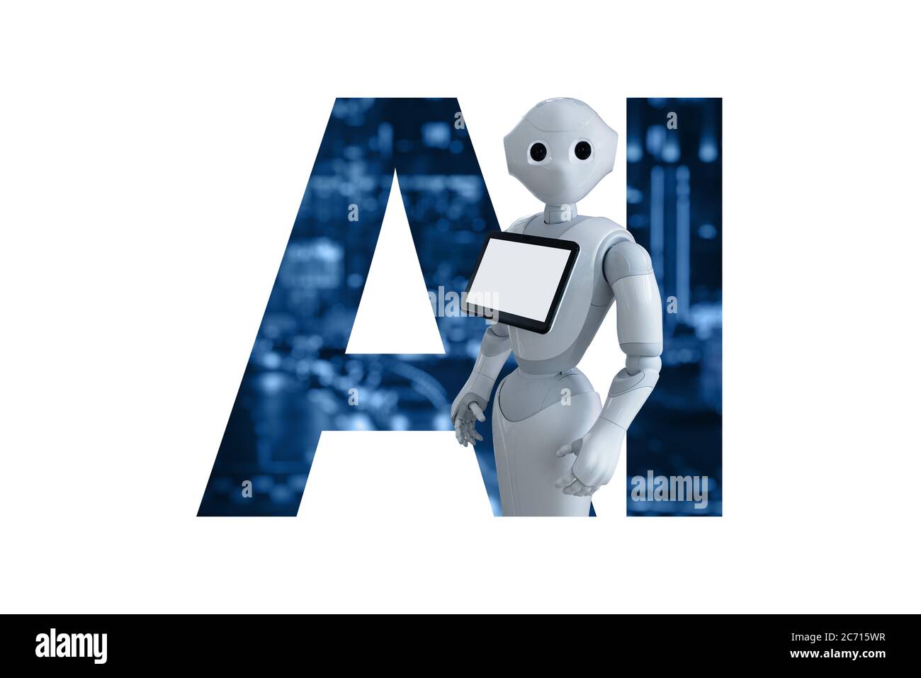 Roboter auf einem Hintergrund von Text AI . Konzept Der Künstlichen Intelligenz Stockfoto