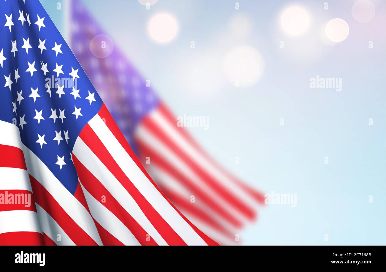Die amerikanische Flagge winkt gegen einen klaren blauen Himmel. Design-Konzept für National American Holidays. Patriot Day, Independence Day, Veteran Day. Vektor Stock Vektor