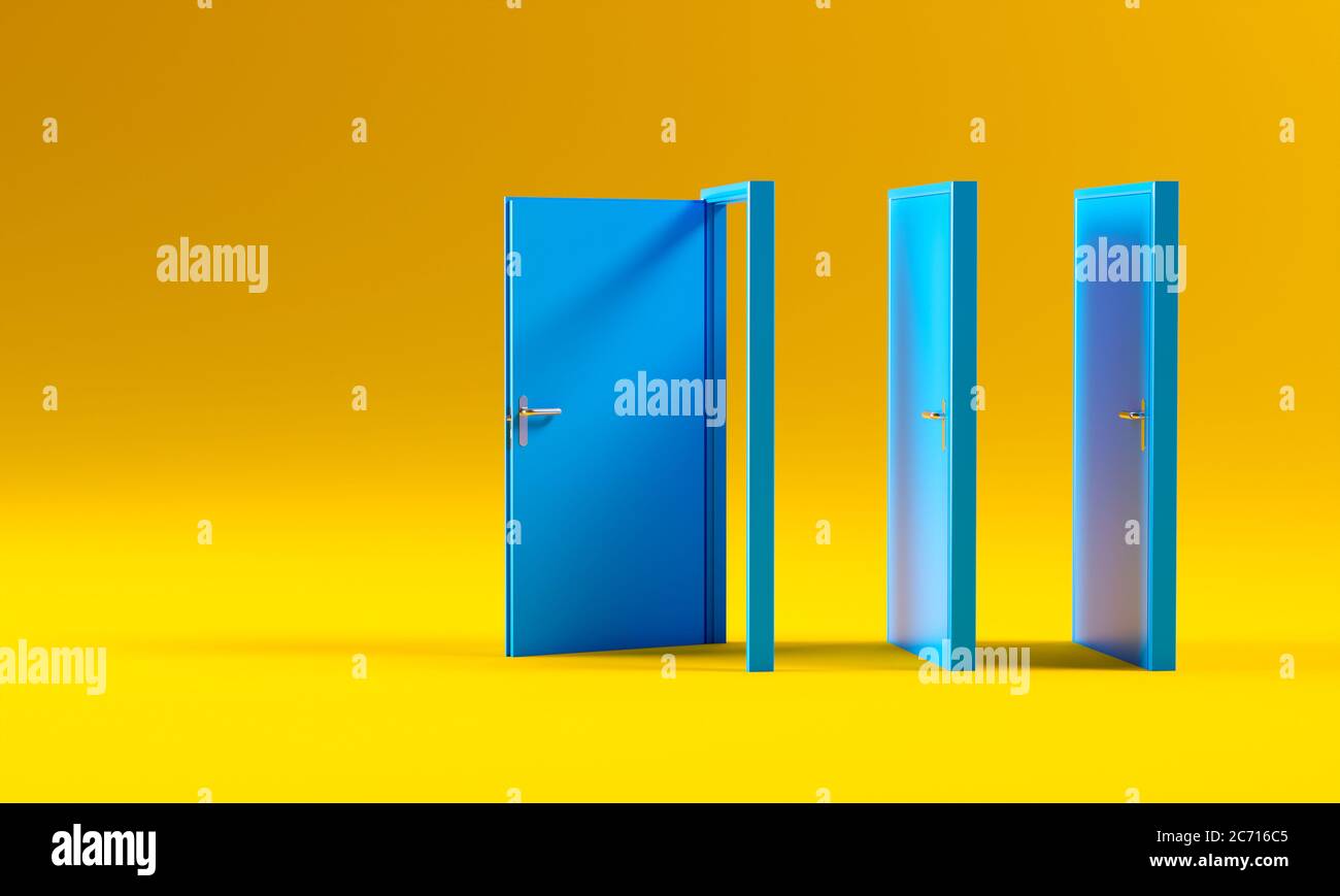 Blaue Türen auf gelbem Hintergrund, Konzept von Problemen, Lösungen, Gegenheit und Widrigkeiten. 3d-Rendering. Stockfoto
