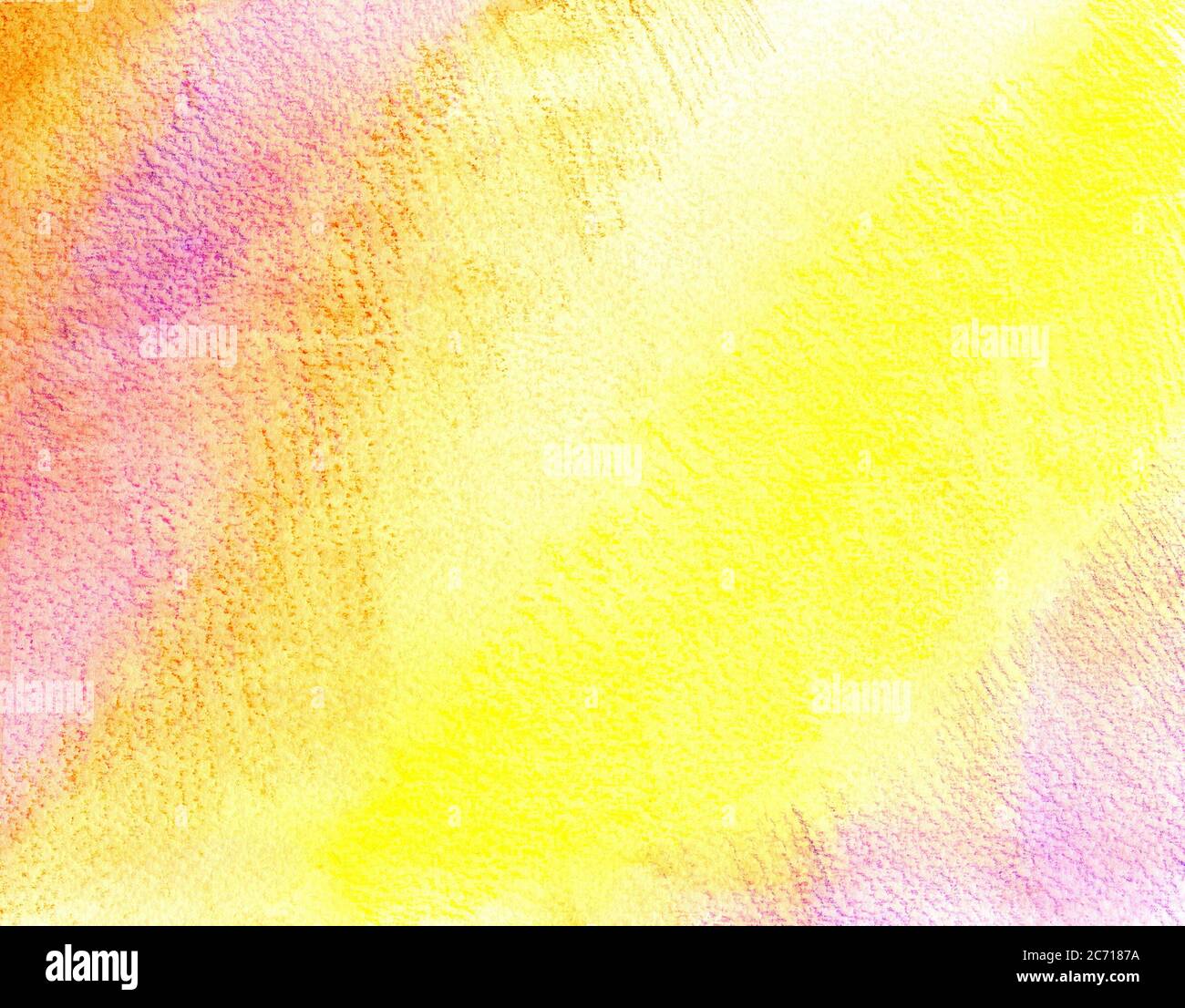 Handgezeichneter gelber, roter, violetter Hintergrund. Texturpapier in Gelb, Orange und Lila mit einem Aquarellstift. Hintergrund für Karten, Collagen, Designs, Titel, Preisschilder, Flyer und so weiter. Stockfoto