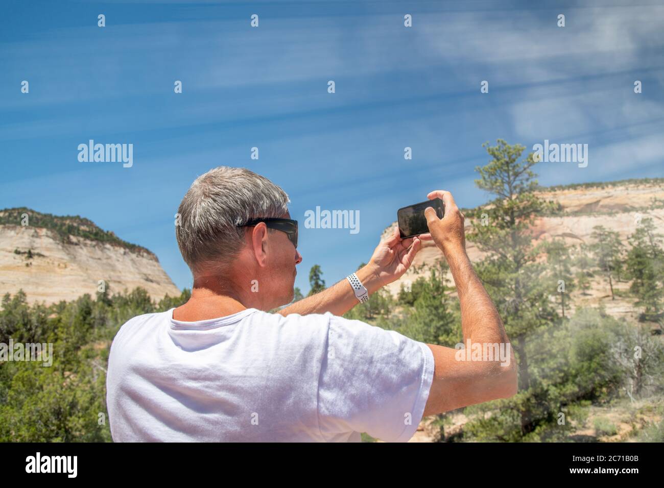 Rückansicht des männlichen Touristen in T-Shirt, der Fotos vom Nationalpark gemacht hat. Tourismuskonzept. Stockfoto