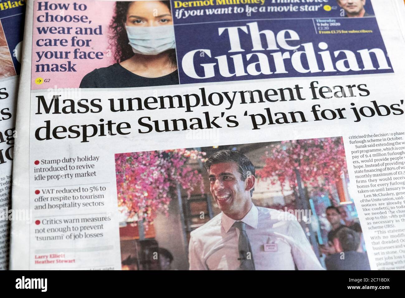 The Guardian Zeitung Schlagzeile "Trotz Sunaks 'Plan für Arbeitsplätze' Angst vor Arbeitslosigkeit" Rishi Sunak Sommerbudget 9. Juli 2020 London England Großbritannien Stockfoto