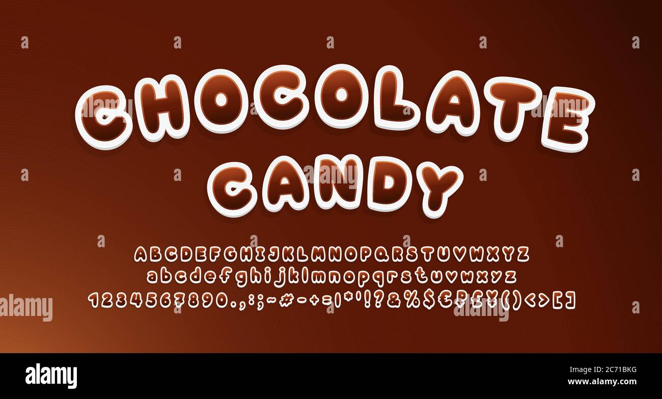 Chocolate Candy Alphabet 3d Sticker style Schriftart. Sweet Food Cartoon-Schrift, Schokolade braun Farben. Groß- und Kleinbuchstaben, Zahlen, Symbole Stock Vektor
