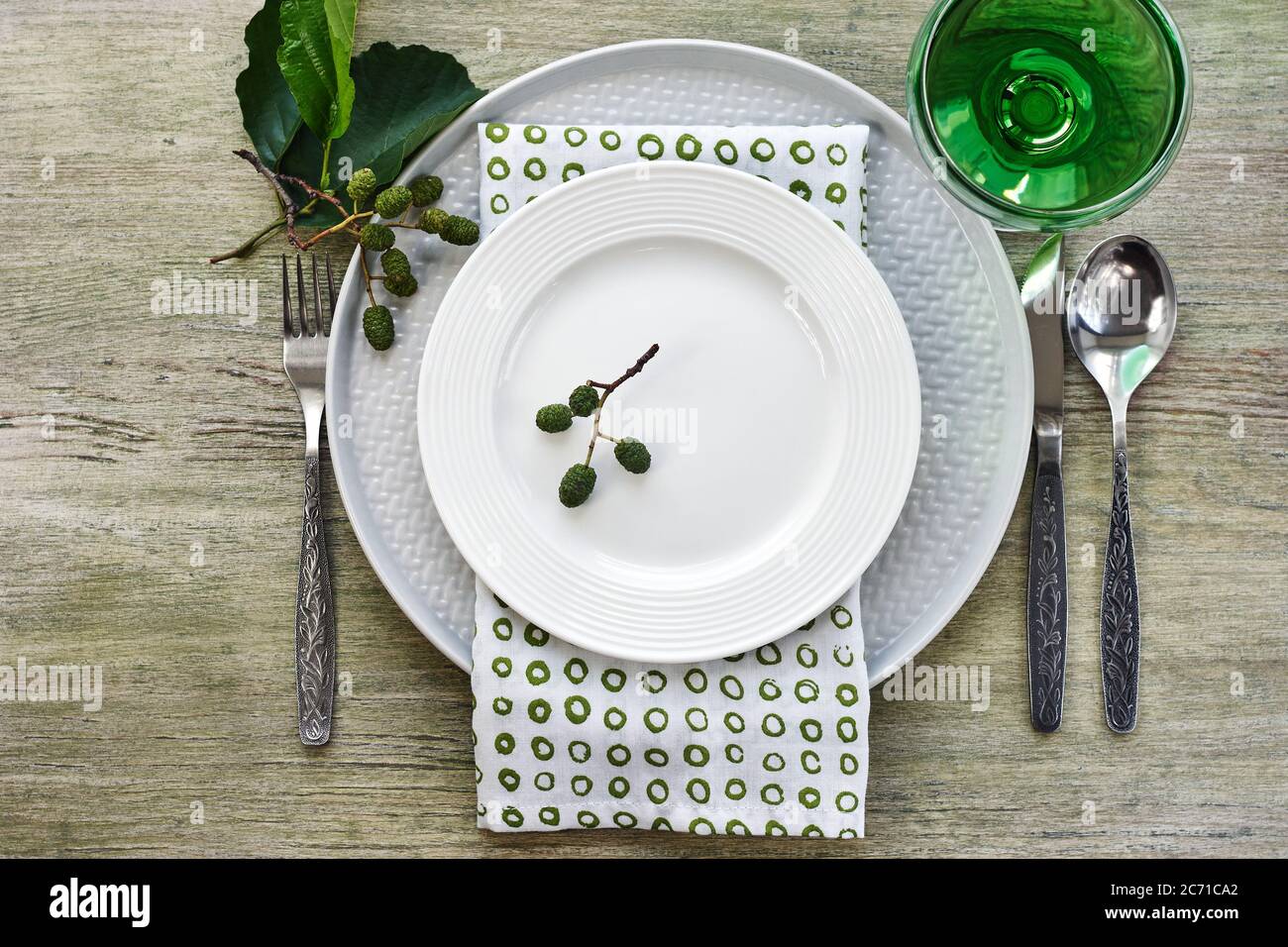 Sommertisch in Grüntönen. Teller, Besteck, Serviette und Erle Zweig. Stockfoto