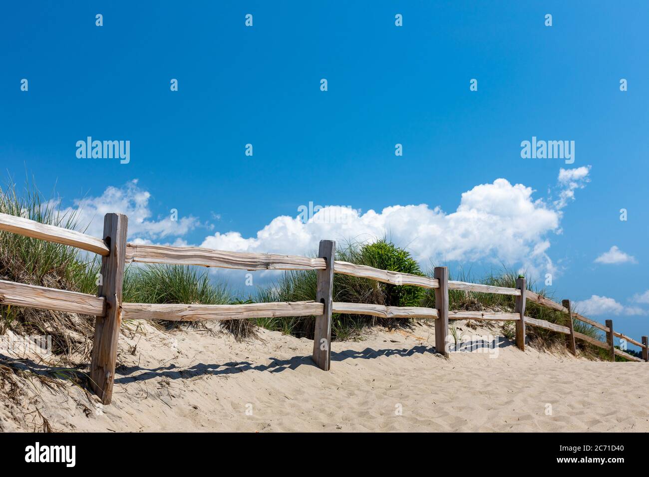 Küstenlandschaft mit Düne, Strandgras und Zaun unter einem tiefblauen Himmel mit weißer Wolke an einem sonnigen Sommertag Stockfoto