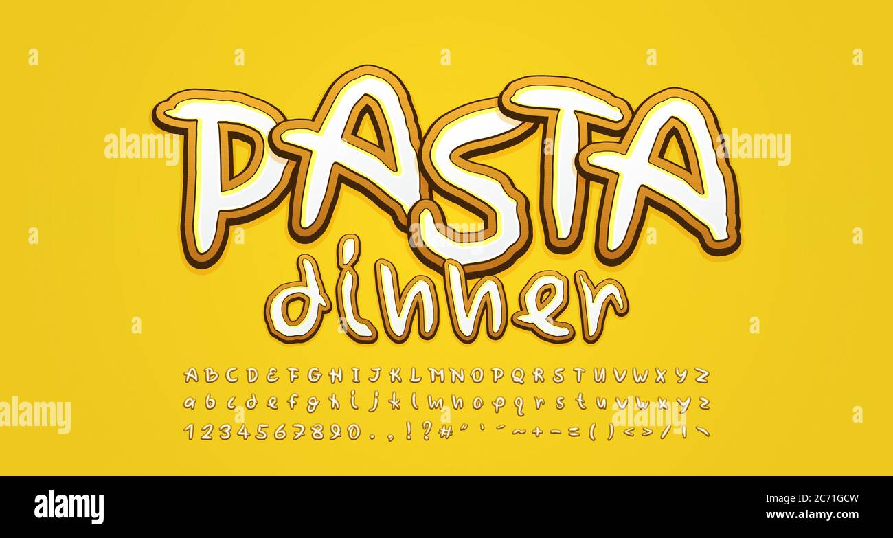 Moderne Pasta Food Alphabet, handschriftliche 3d-Stil Schriftart. Groß- und Kleinbuchstaben, Zahlen, Symbole. Vektorgrafik. Stock Vektor