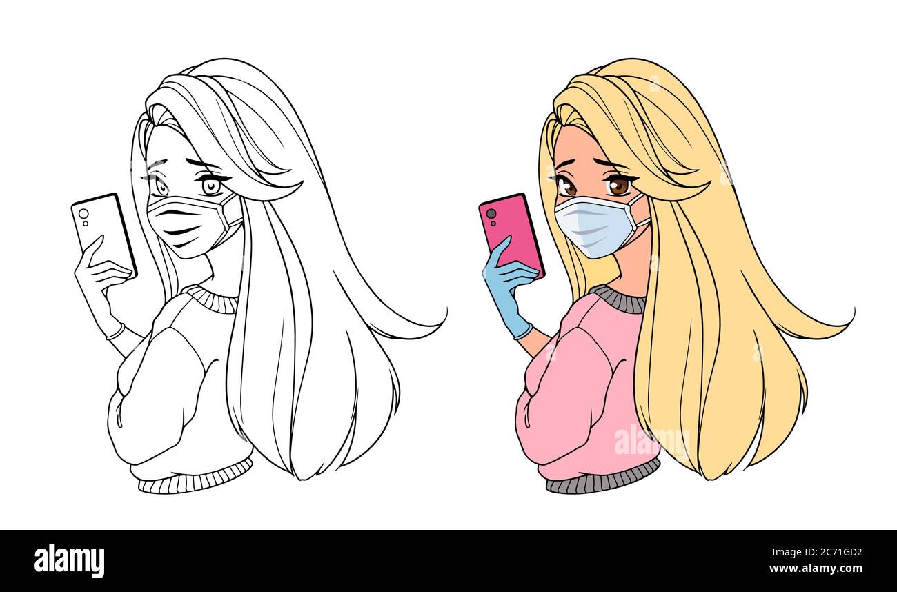 Hübsche Cartoon-Mädchen mit langen blonden Haaren Selfie und trägt rosa Hemd und medizinische Maske. Kontur Bild für Malbuch. Handgezeichneter Vektor Stock Vektor
