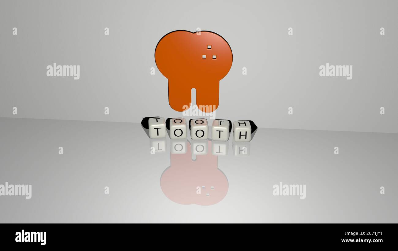 3D-Darstellung von ZAHN mit Symbol an der Wand und Text angeordnet durch metallische kubische Buchstaben auf einem Spiegelboden für Konzept Bedeutung und Diashow-Präsentation. Zahn und Illustration Stockfoto
