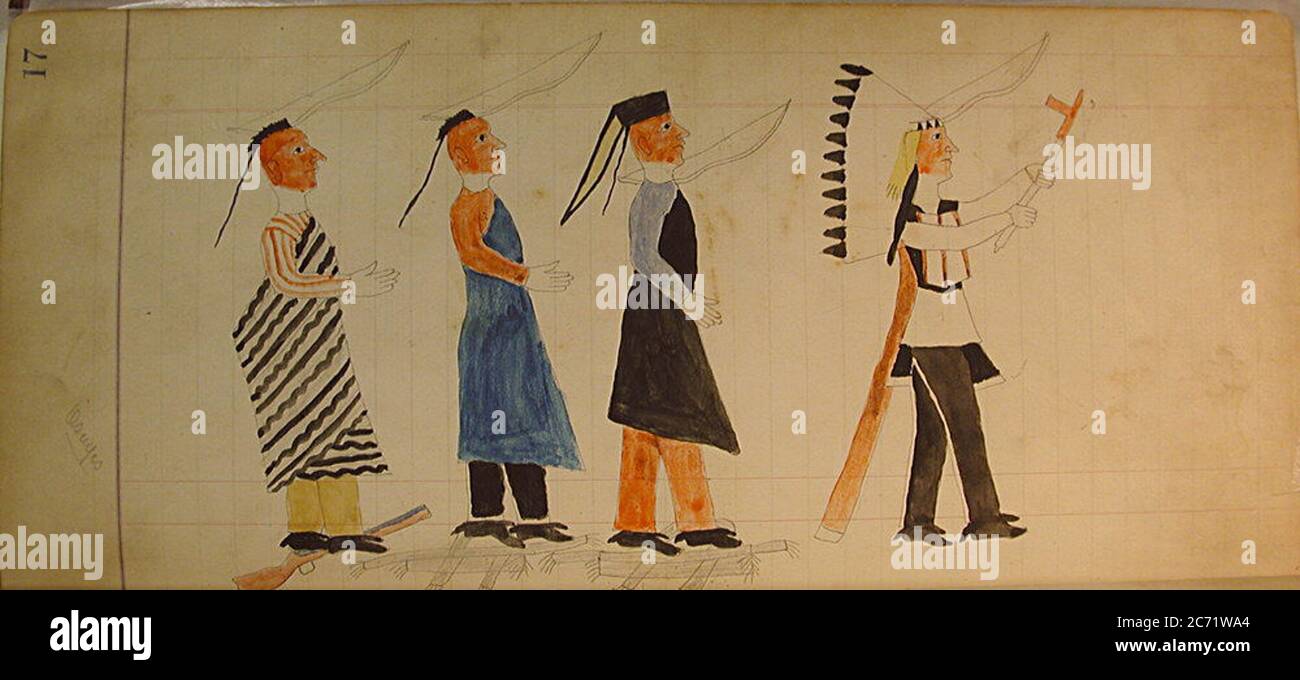 Maffet Ledger: Drei indianer folgen einem Häuptling, ca. 1874-81. Stockfoto