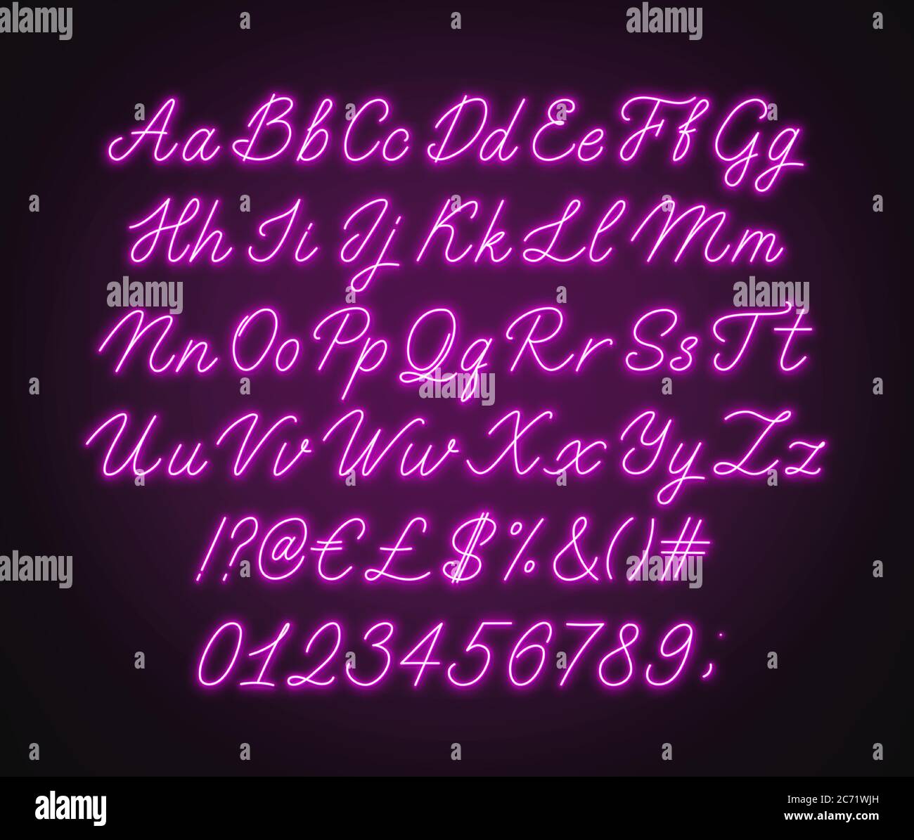 Neon-Pink-Schrift Alphabet. Leuchtende kursive Schrift mit Buchstaben, Zahlen und Sonderzeichen. Stock Vektor