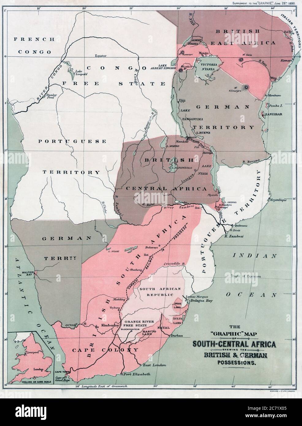Karte von Süd-Zentralafrika mit britischen und deutschen Besitztümern in den 1890er Jahren. Nach einer Karte, die in der Ausgabe vom 25. Juni 1890 der Graphic veröffentlicht wurde. Die Einlegekarte unten links zeigt England auf der gleichen Skala wie die afrikanische Karte. Stockfoto