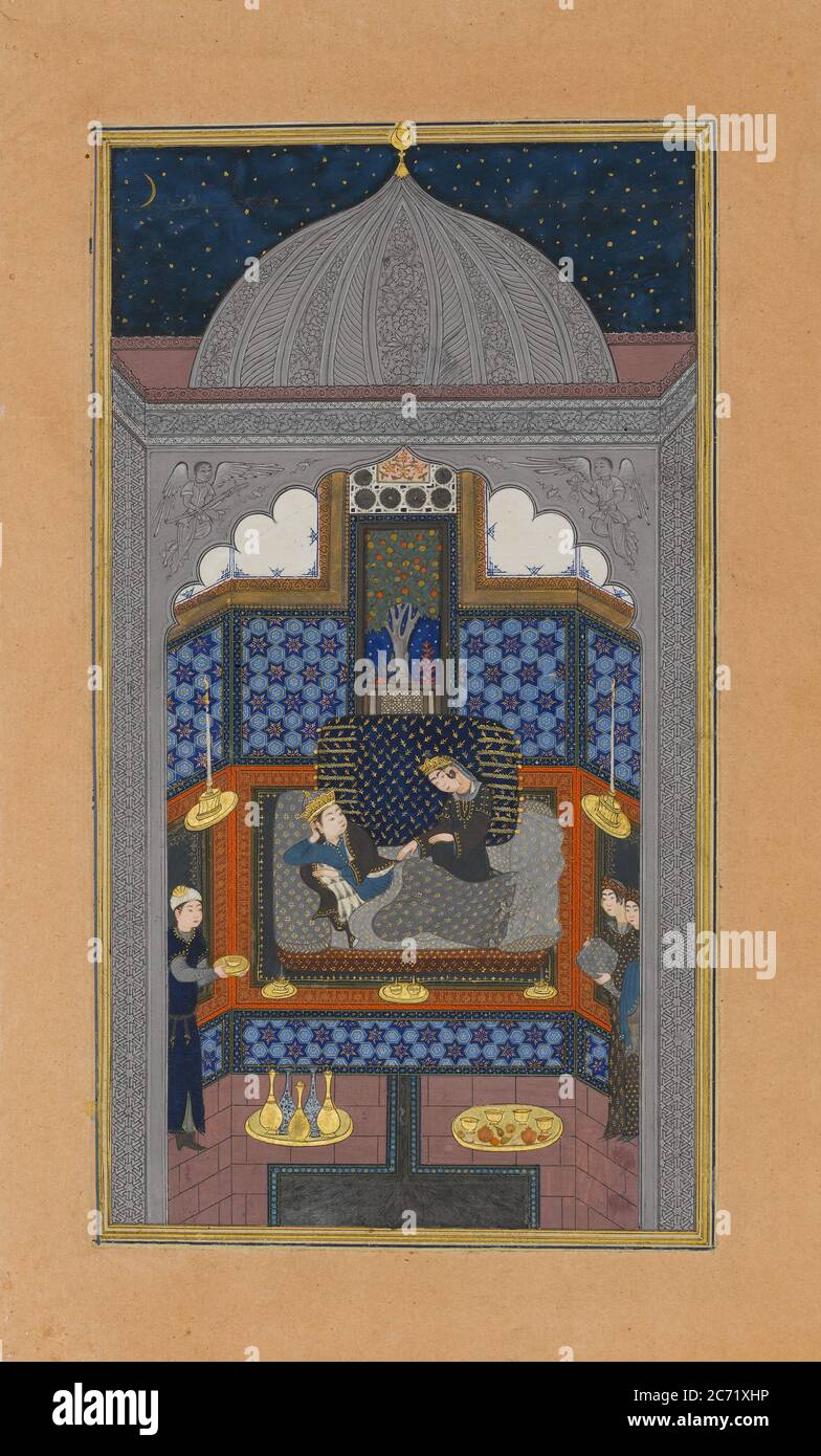 Bahram Gur und die indische Prinzessin im Dunklen Palast am Samstag, Folio 23v aus einem Haft Paikar (Sieben Porträts) des Khamsa (Quintett) von Nizami, ca. 1430. Stockfoto