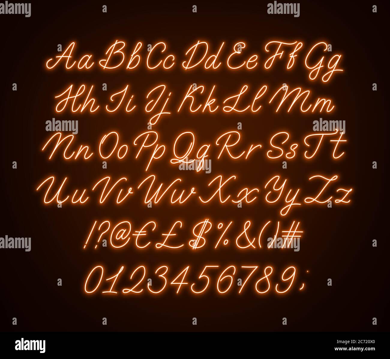 Neon-Orange Schrift Alphabet. Leuchtende kursive Schrift mit Buchstaben, Zahlen und Sonderzeichen. Stock Vektor