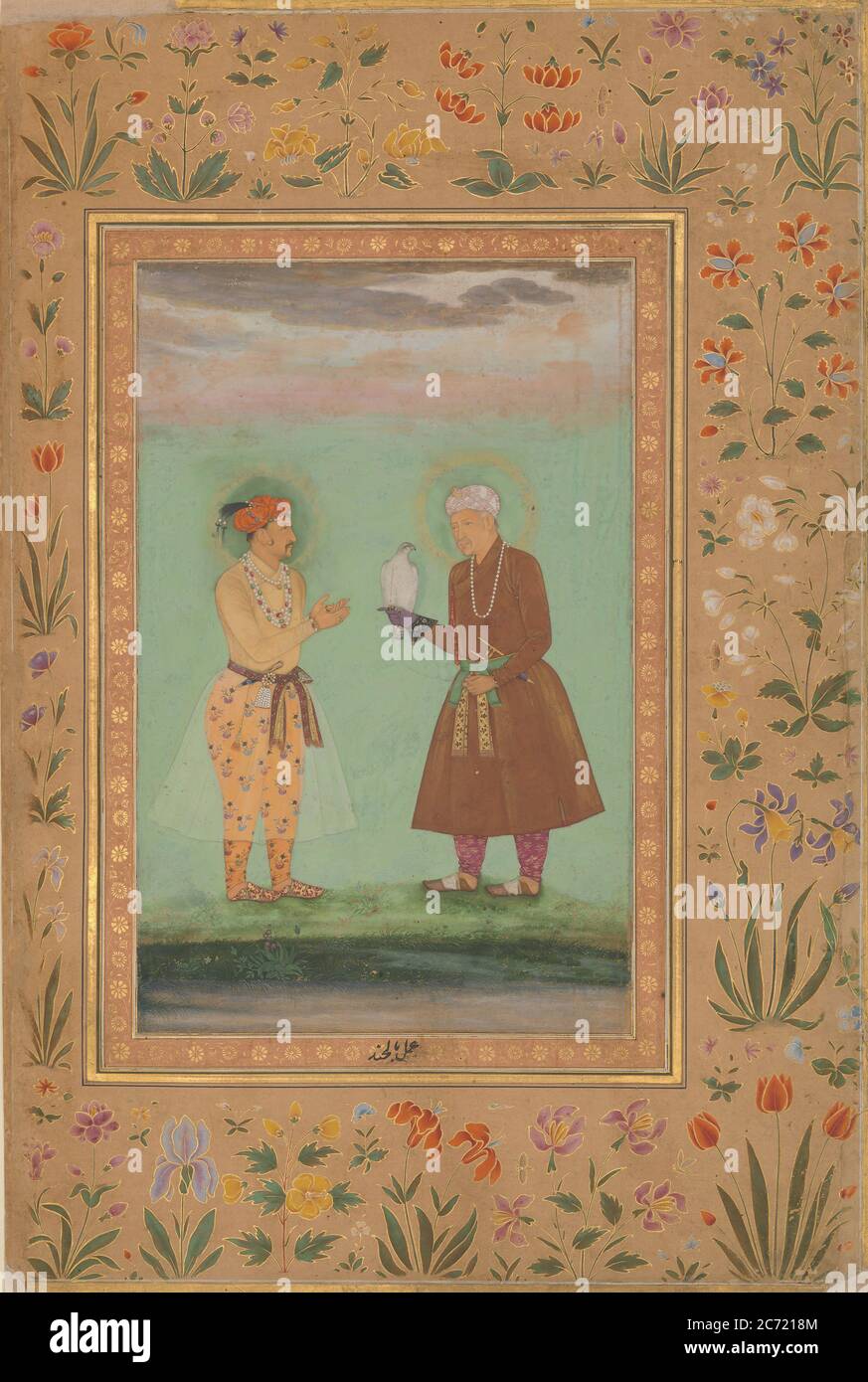 Jahangir und sein Vater, Akbar, Folio aus dem Shah Jahan Album, verso: Ca. 1630; recto: Ca. 1540-50. Stockfoto