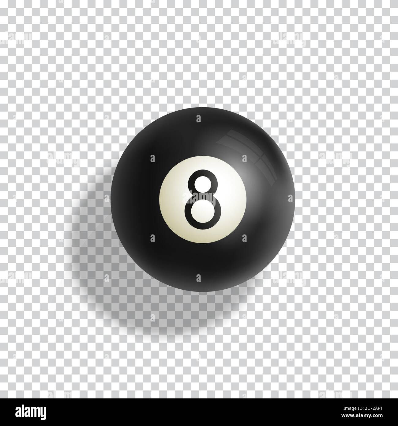 Billard Acht Ball Realistische Vektor-Illustration. Grüner Pool Tischtuch mit schwarzer Kugel und weichen Schatten. Abstrakte Glückssymbol-Karte Vorlage. Stock Vektor