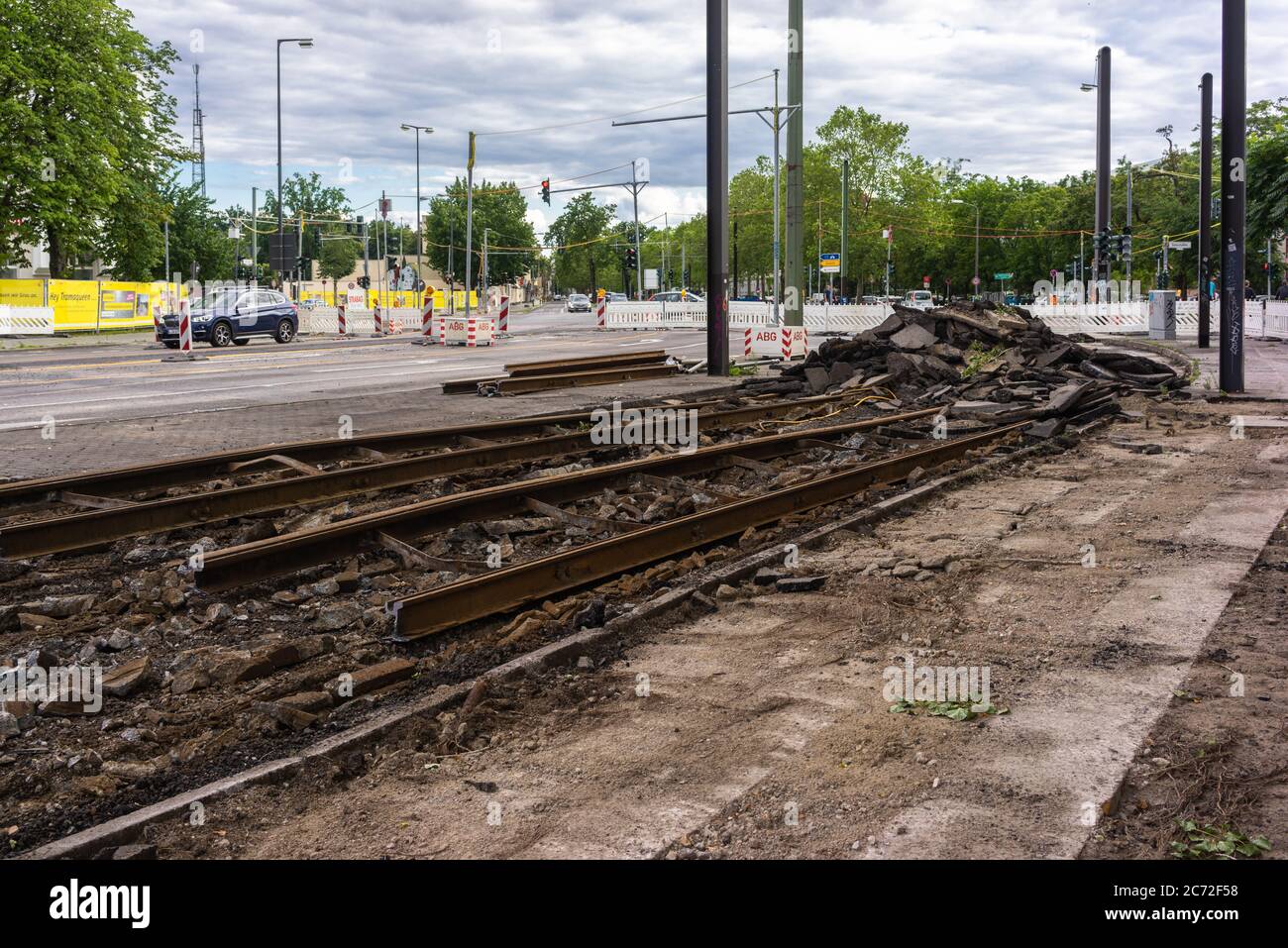 Bauarbeiten zur Umleitung einer Straßenbahnlinie in Johannisthal, Berlin Schöneweide, Deutschland, Europa Stockfoto