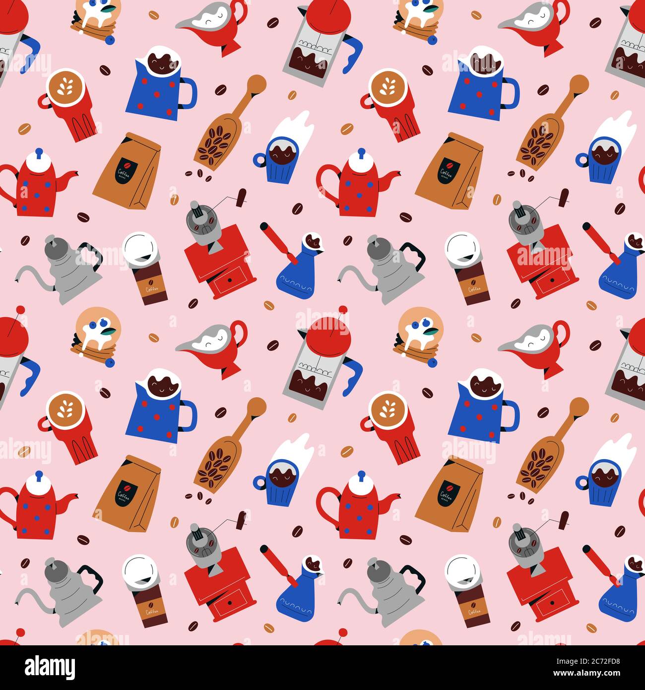 Kaffee nahtlose Muster, Vektor-Ornament mit bunten Doodle illustratios von Coffee-Shop Getränke, Werkzeuge und Utensilien, dekorative Hand gezeichnet Hintergrund Stock Vektor