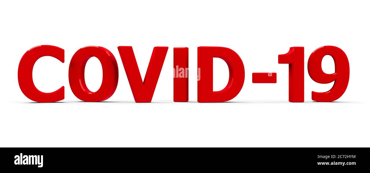 Rotes COVID-19-Symbol, Symbol oder Taste auf weißem Hintergrund isoliert, stellt die neue Pandemie Coronavirus-Krankheit 2019 namens COVID-19, dreidimensionale Stockfoto