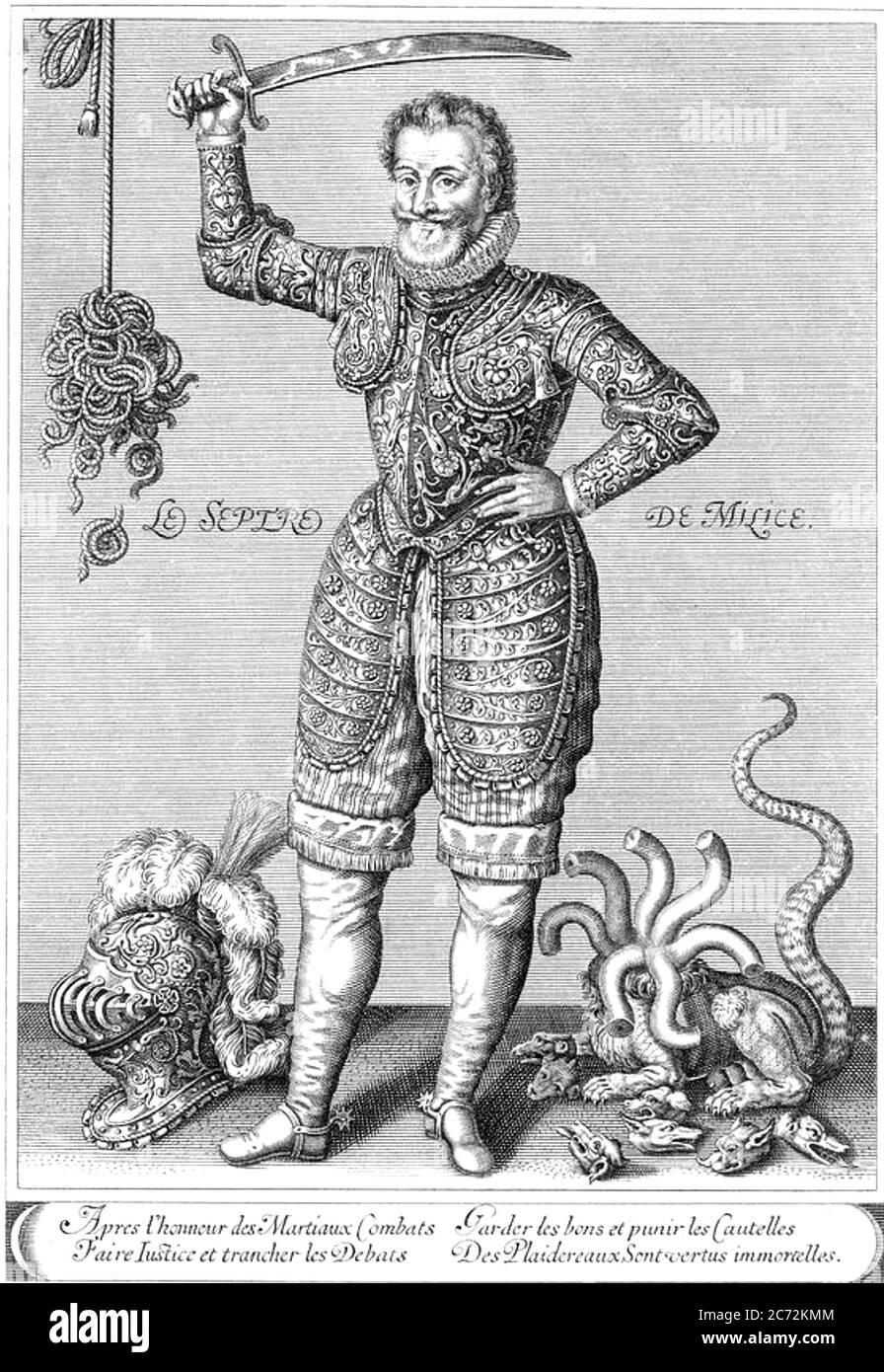 HEINRICH IV. VON FRANKREICH (1553-1610), der die Köpfe der Lernean Hydra - der Katholischen Liga - abschneidet Stockfoto