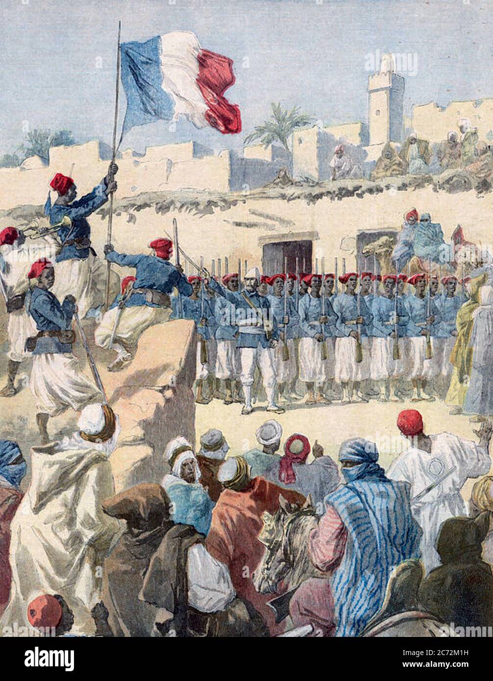TIMBUKTU 1893. Die Franzosen erheben die Tricolor am 15. Dezember und kündigen ihre Annexion der Stadt und des Gebiets an, die zum französischen Sudan gehören. Stockfoto