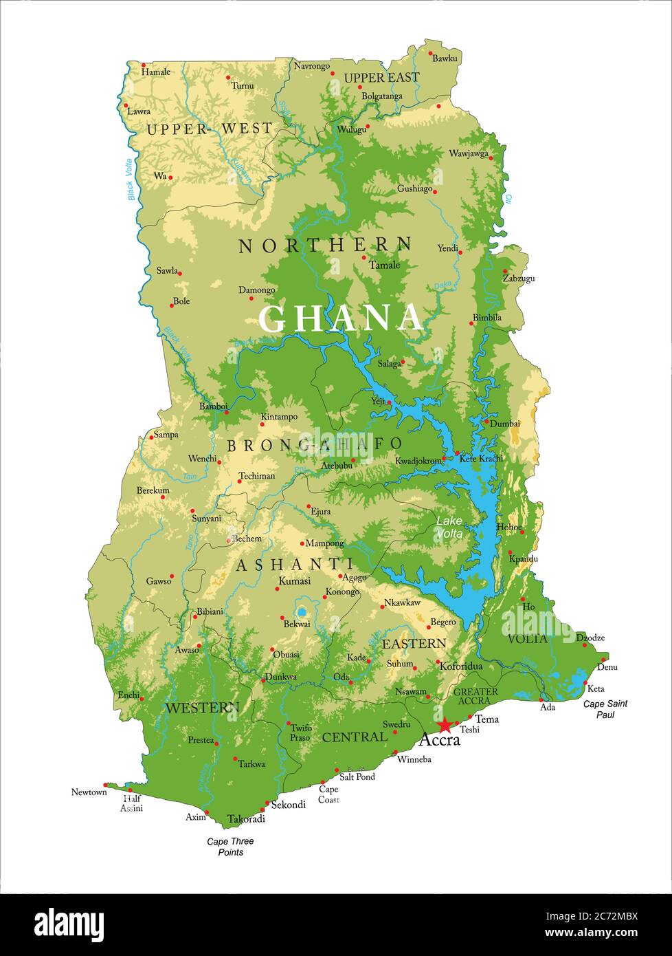 Physische Karte von Ghana Stock Vektor