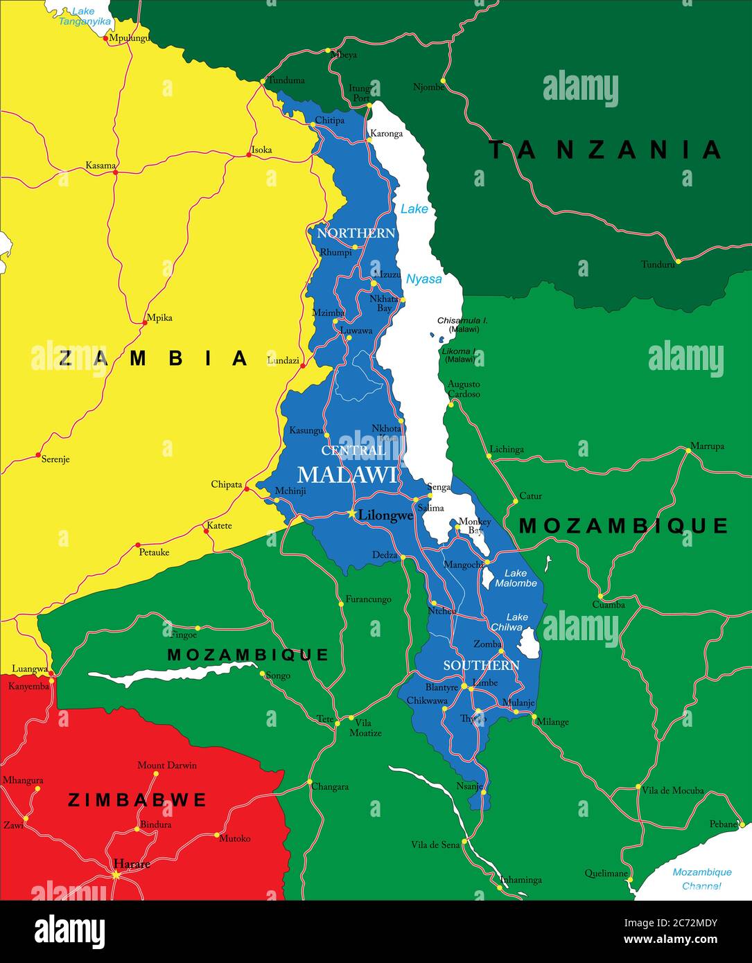 Malawi politische Maptown,Arbeit,Territorium,Region,Atlas,zeichnen,Kontur,Topographie,national,Hauptstadt,Zeichen,Meer,Ozean Stock Vektor