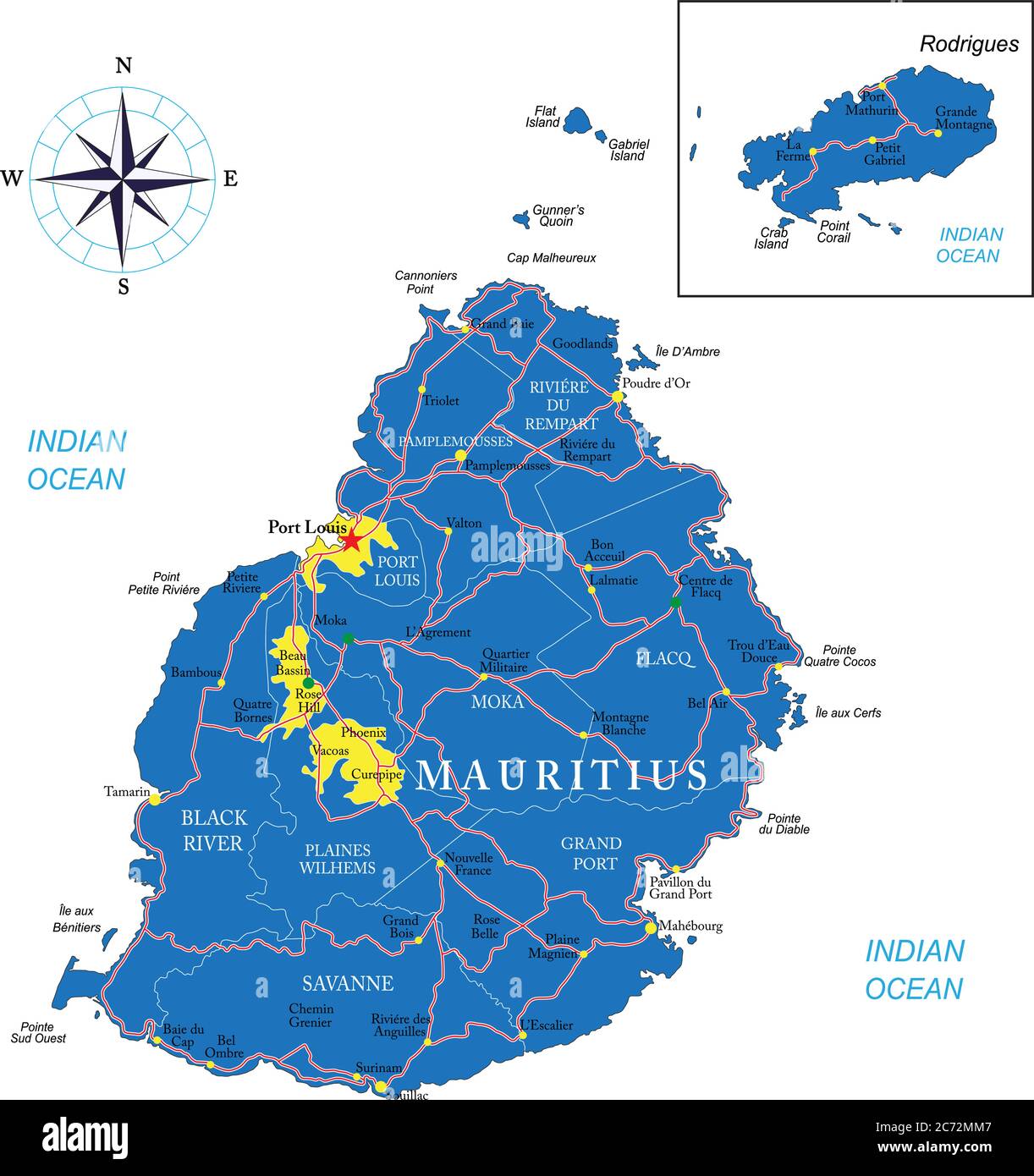 Sehr detaillierte Vektorkarte von Mauritius mit Verwaltungsregionen, Hauptstädten und Straßen. Stock Vektor