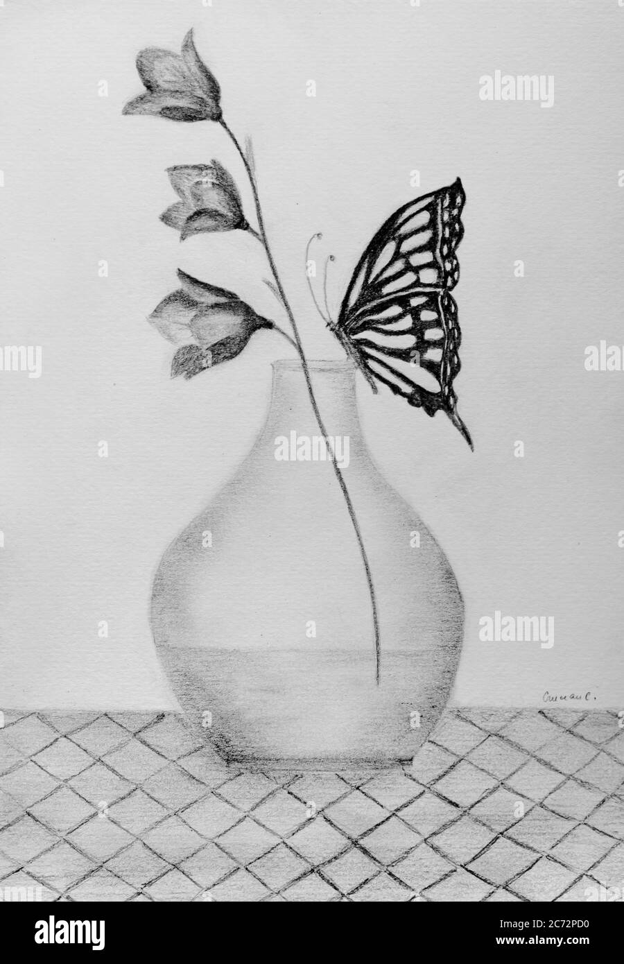 Schmetterling auf einer Blumenzeichnung Stockfoto