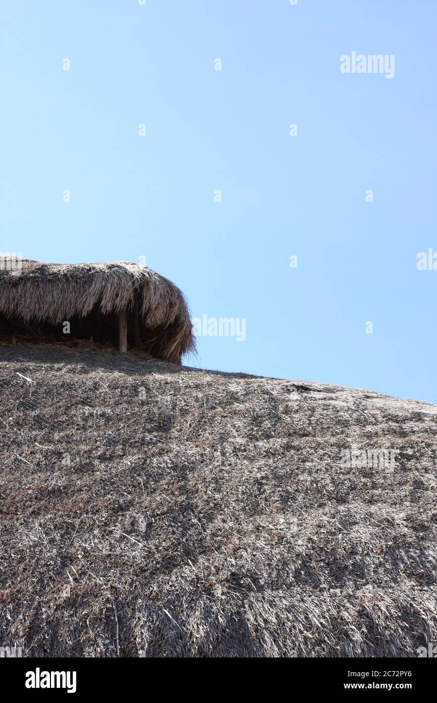 Winkel und Muster in der Konstruktion.Reetdachlinie mit hellblauen Himmel. Stockfoto