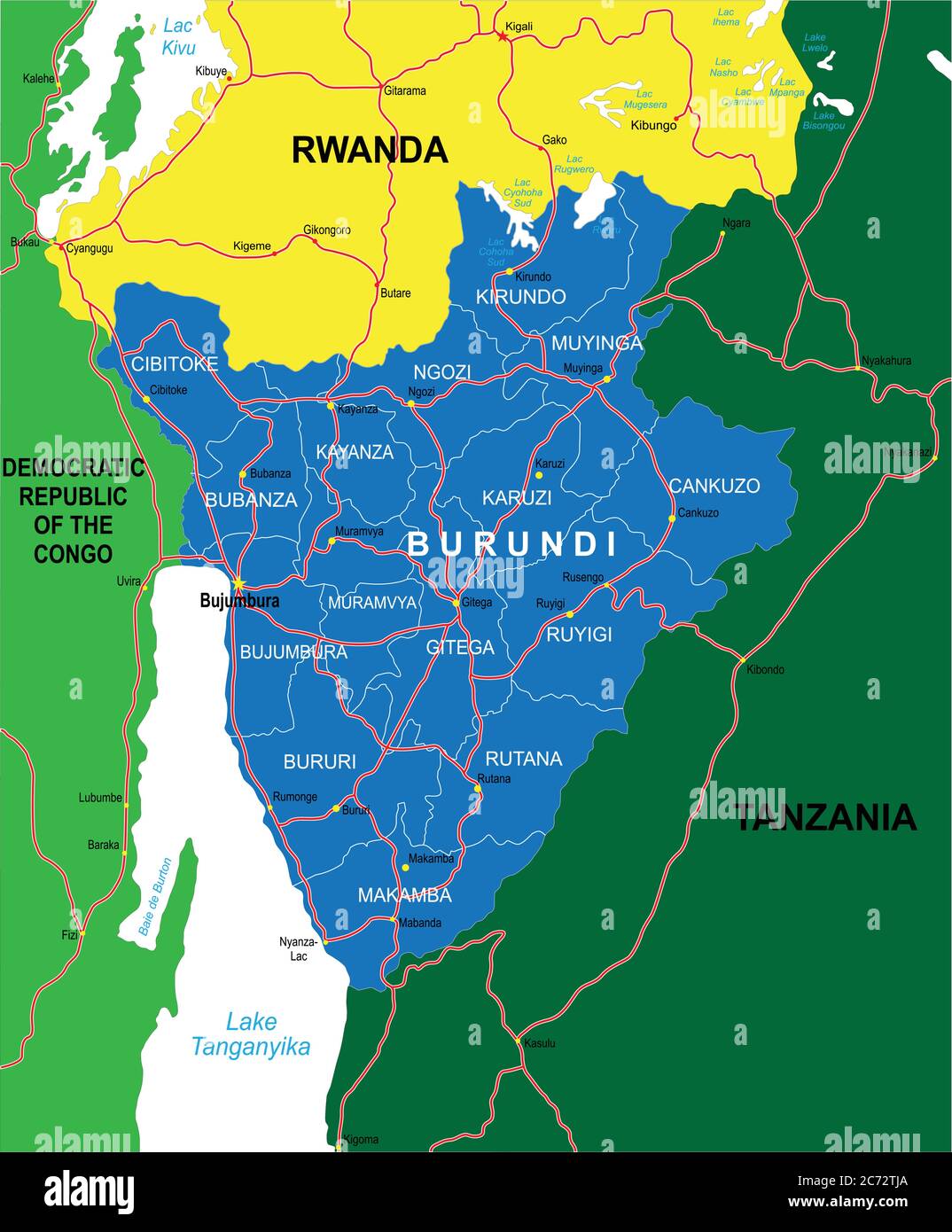 Sehr detaillierte Vektorkarte von Burundi mit Verwaltungsregionen, Hauptstädten und Straßen. Stock Vektor
