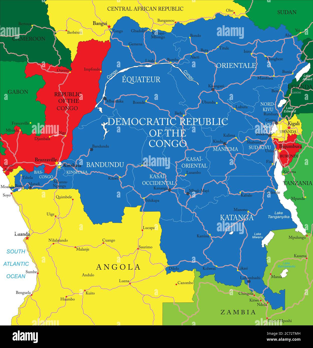 Detaillierte Vektorkarte der Demokratischen Republik Kongo mit Verwaltungsgebieten, Hauptstädten und Straßen. Stock Vektor