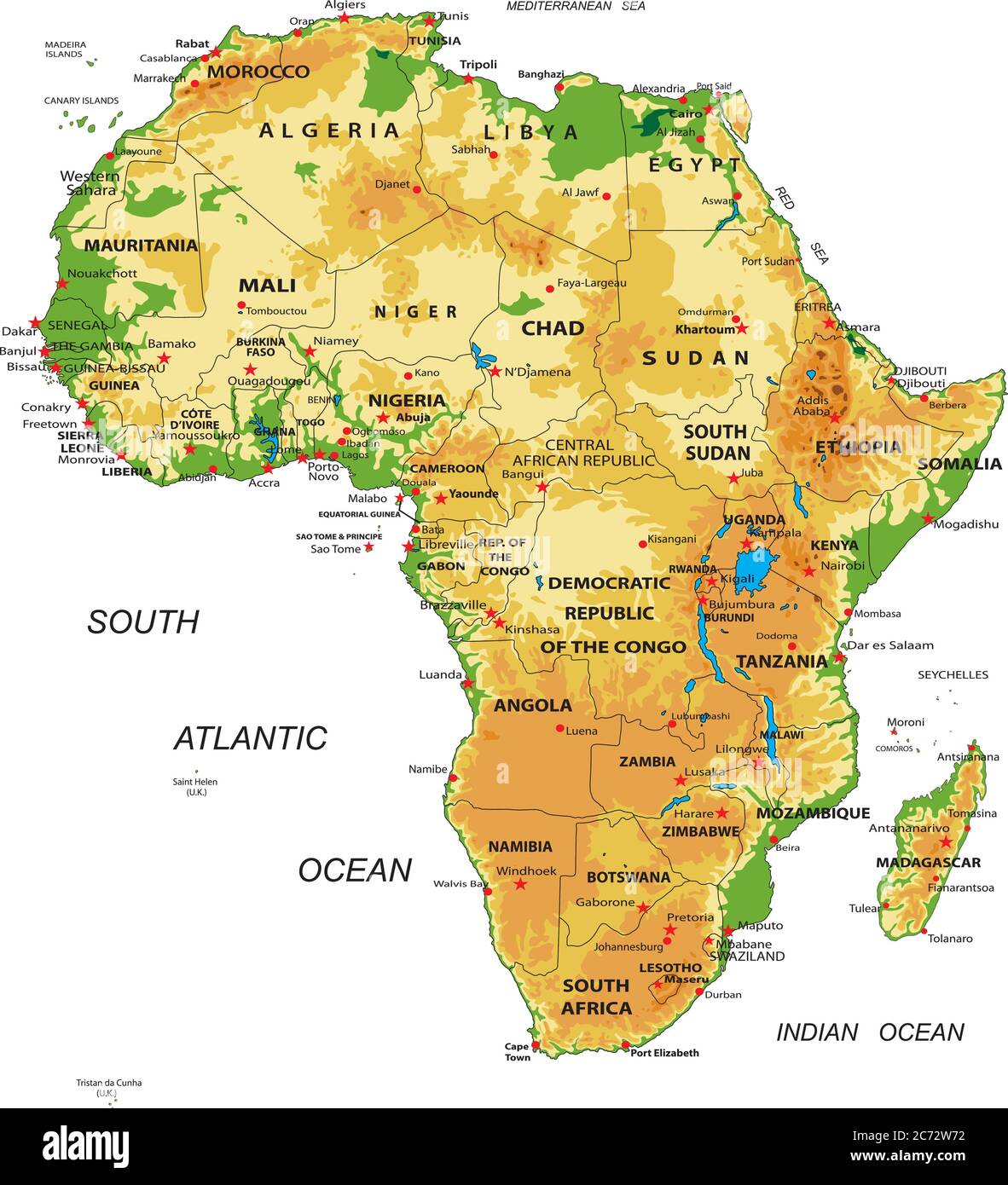 Sehr detaillierte physische Karte von Afrika, im Vektorformat, mit allen Reliefformen, Ländern 