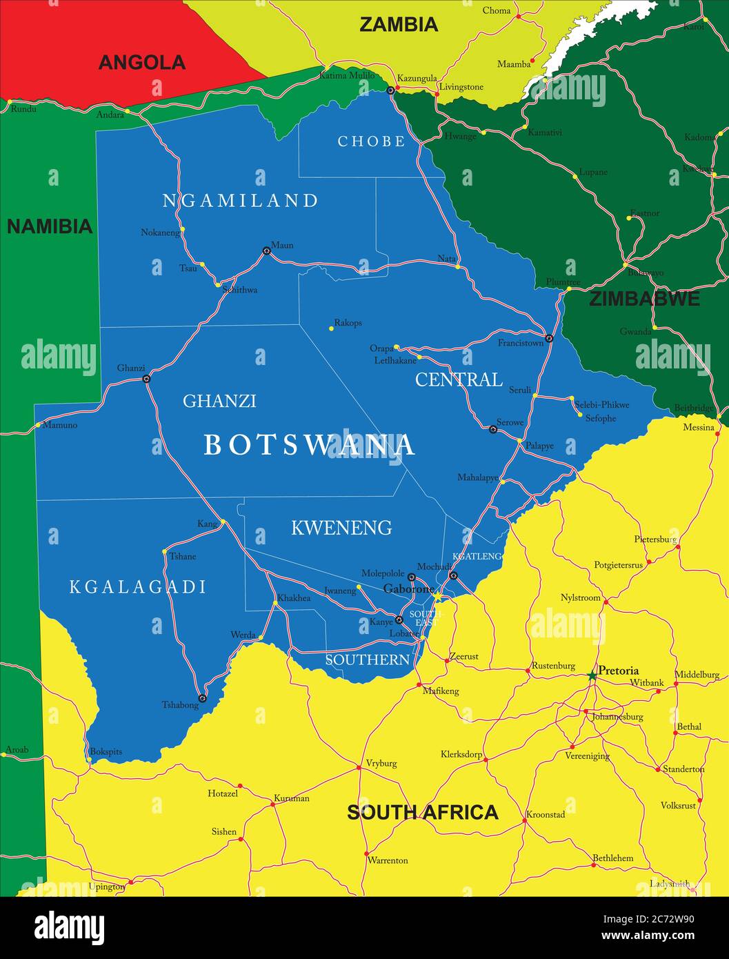 Sehr detaillierte Vektorkarte von Botswana mit Verwaltungsregionen, Hauptstädten und Straßen. Stock Vektor