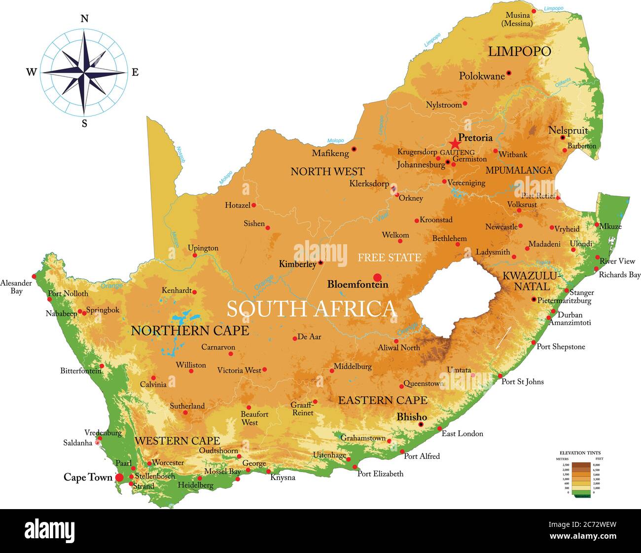 Sehr detaillierte physische Karte von Südafrika, im Vektorformat, mit allen Reliefformen, Regionen und großen Städten. Stock Vektor