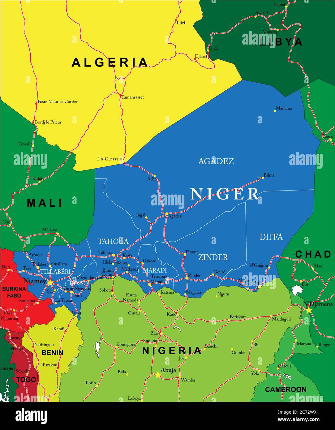 Sehr detaillierte Vektorkarte von Niger mit Verwaltungsregionen, Hauptstädten und Straßen. Stock Vektor