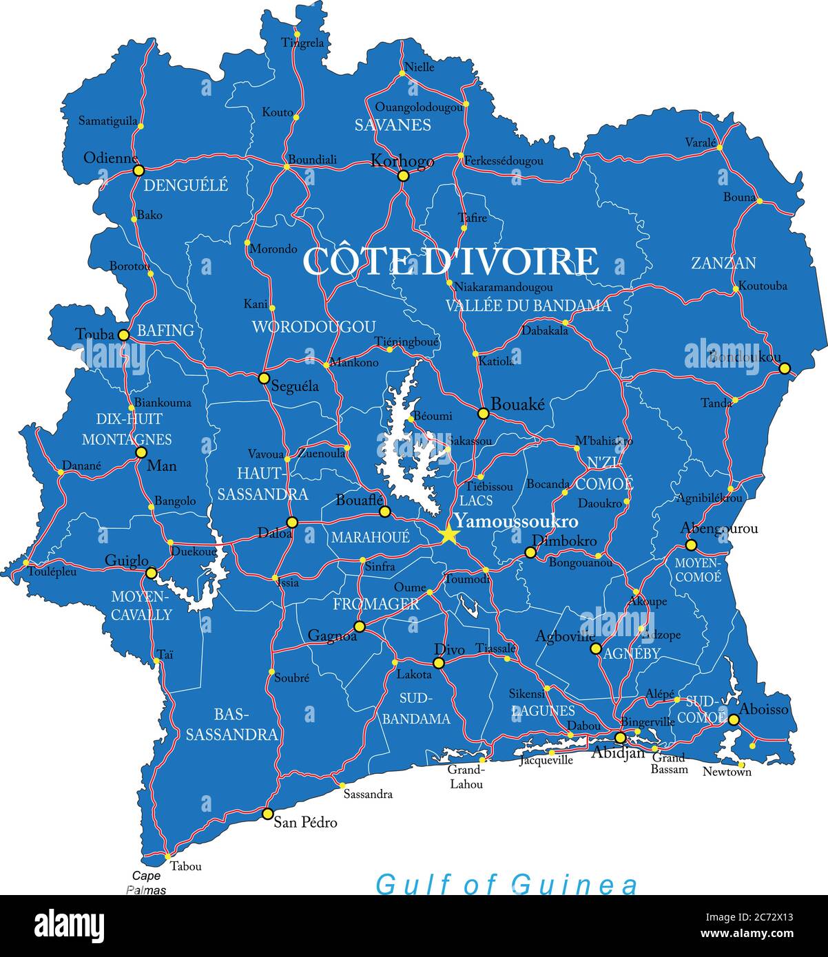 Sehr detaillierte Vektorkarte von Cote d'Ivoire mit Verwaltungsregionen, Hauptstädten und Straßen. Stock Vektor