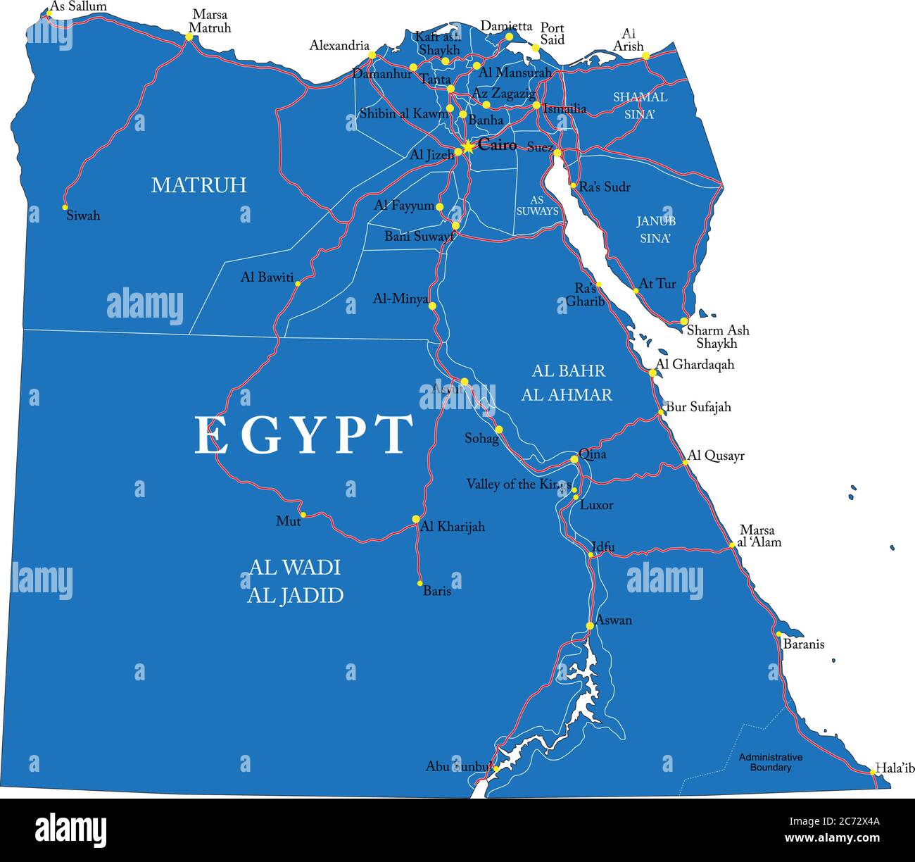 Sehr detaillierte Vektorkarte von Ägypten mit Verwaltungsregionen, Hauptstädten und Straßen. Stock Vektor